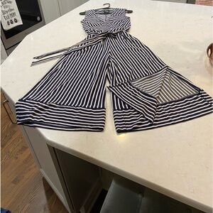 Beige by ECI Navy and white striped sleeveless jumpsuit romper wide leg Sz small